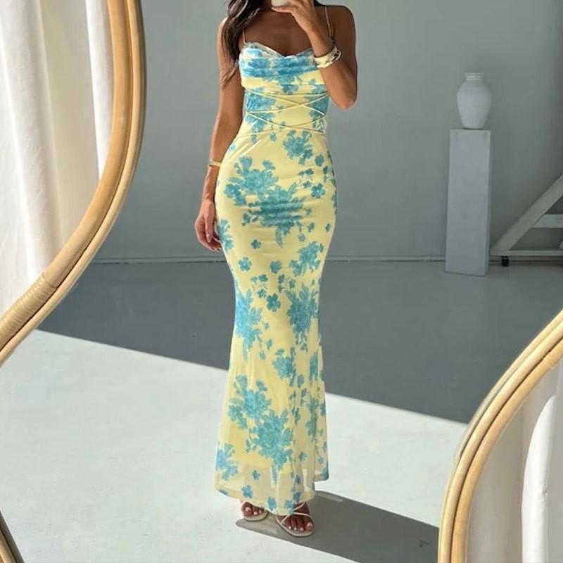 European American Women's Clothing Fashionable Elegant Floral Print Bag Hip Sling Dress