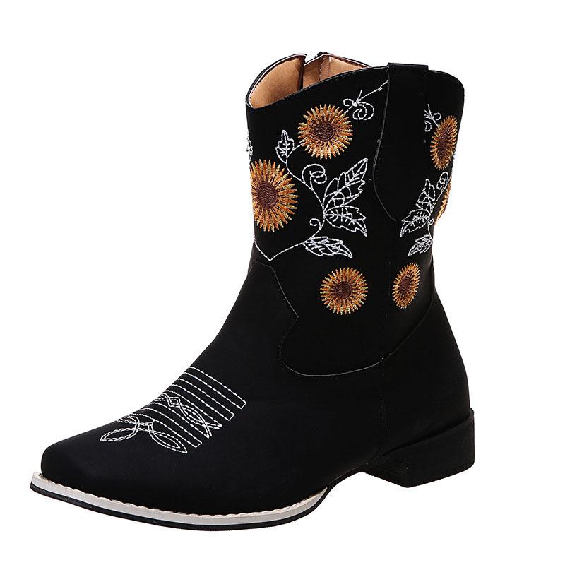 Plus Size Women's Mid Calf Boots 2026 Autumn European and American Style V Embroidery Sunflower Design Fashion Boots for Woman