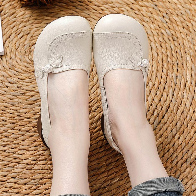 Genuine Leather Women's Shoes Low Heeled Retro Cowhide Single Shoes Women Shallow Mouth Loafers Ladies Casual Comfortable Shoes