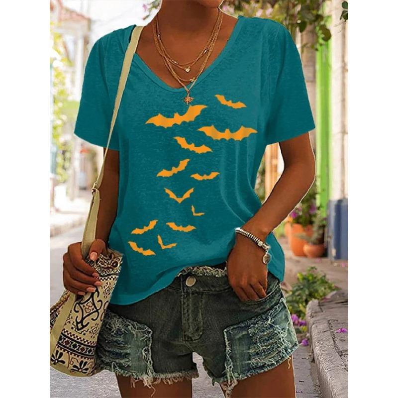 Summer V-neck 3D Bird Printed Top Fashionable Casual Short Sleeved Women's T-shirts