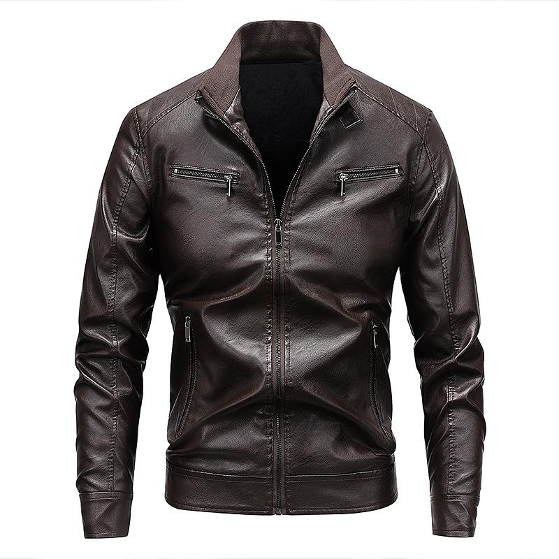 Autumn and Winter New Motorcycle Leather Jacket Men's Medium-green Leather Jacket Stand Collar Casual Simulated Leather Men's Jacket