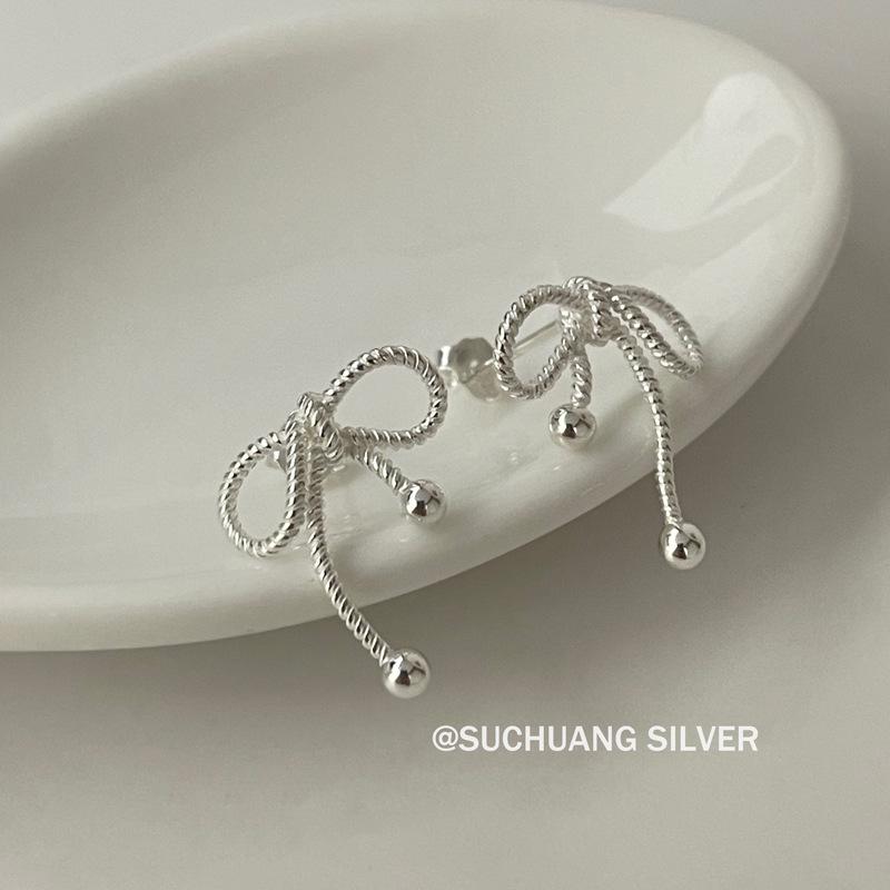 Su Chuang S925 Sterling Silver Twist Bow Knot Earrings with Matching Necklace for Women 925 Silver