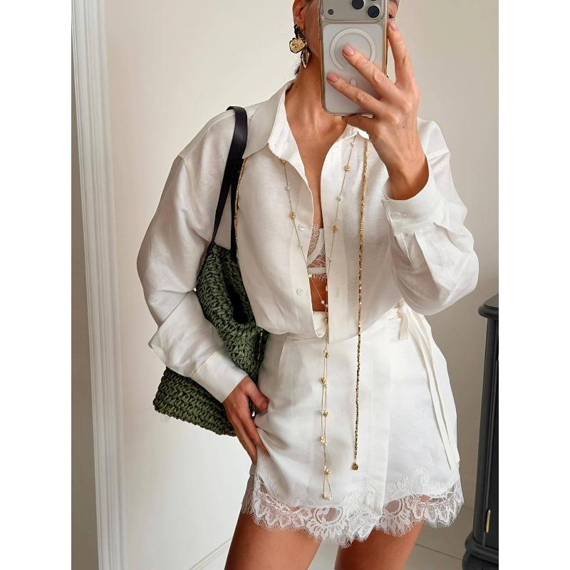Women's White Long Sleeve Shirt Dress Button Front Casual Mini Dress