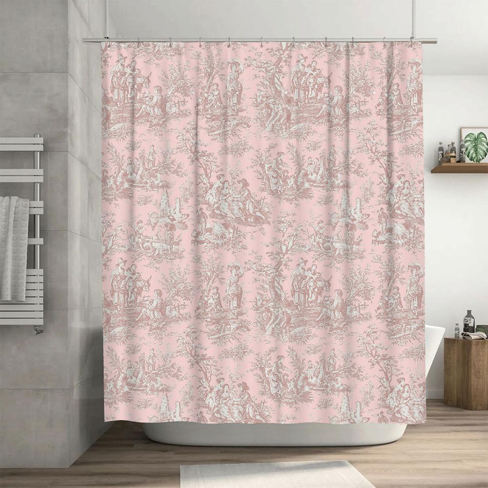 Toile De Jouy Shower Curtain Pink Classic French Country Style Bath Decor Home Decoration Waterproof Fabric Bathroom Decorations