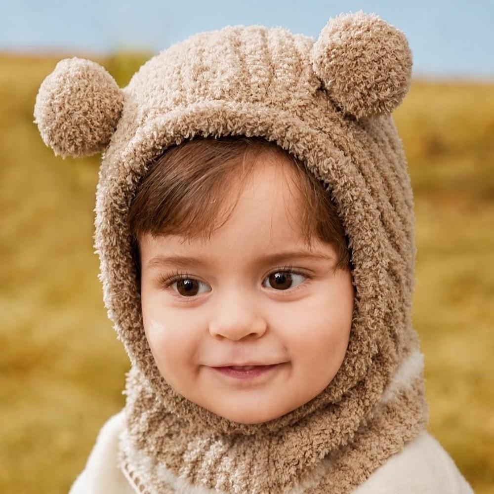 Plush Ball Kids Balaclava Hat Thickened Hooded Beanie Cartoon Kids Scarf Cap Winter