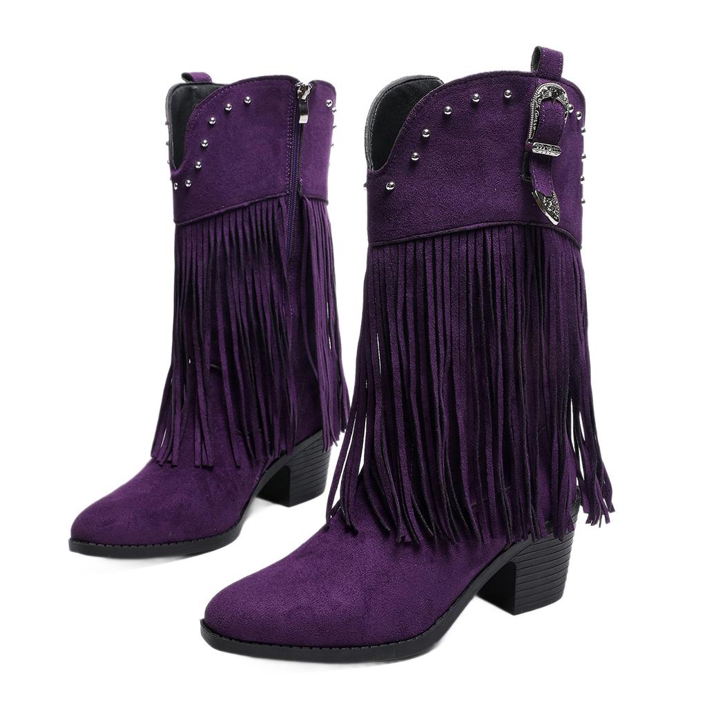 New Western high-heeled pointed tassel medium boots suede thick heel comfortable versatile boots large size