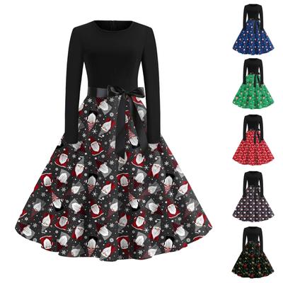 Damska sukienka vintage classic z długim rękawem i okrągłym dekoltem w świątecznym nadruku