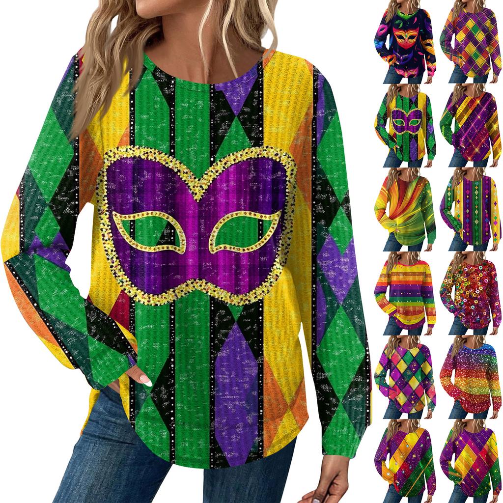 Women's Fashion  Loose Long Sleeve Carnival Print  Round Neck Casual Top