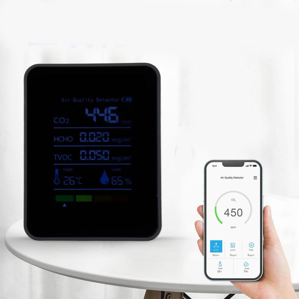 5 in 1 Meter Air Quality Monitor CO2 Detector Portable Battery Operated Carbon Dioxide HCHO TVOC Temp Humi