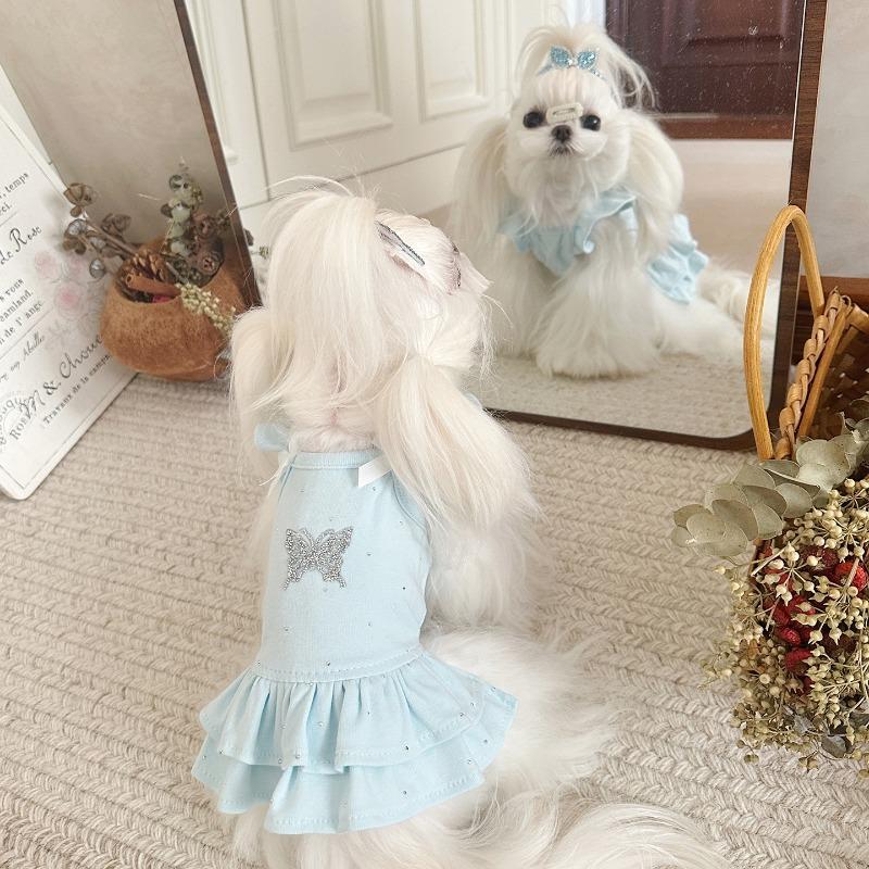 3XS-XL Cotton Pet Dress Summer Spring Butterfly Rhinestone Princess Dress with Flutter Sleeves for Cats and Dogs