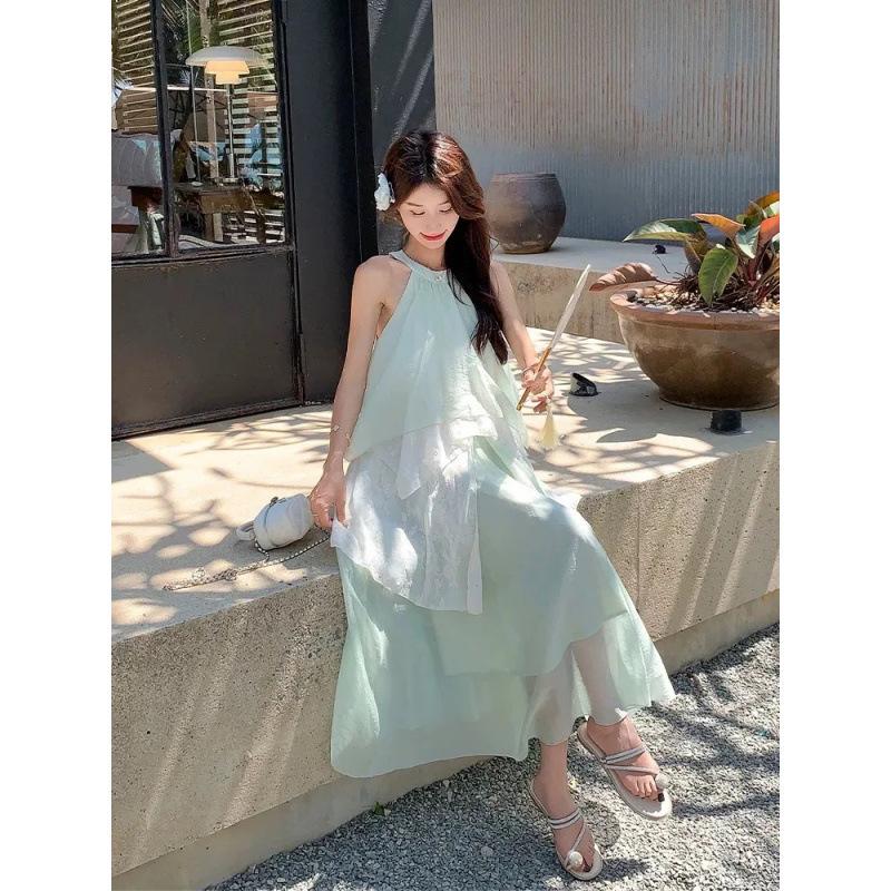 Summer Korean New Pure Green Vacation Dress, Thin Flower Lace Splicing Neck Dress, Long Dress