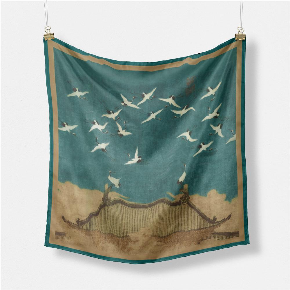 POBING Twill Silk Scarf Women Oil Painting Square Scarves Wraps Bandana Small Hijab Lady Foulards Tie Headband Neckerchief 53CM