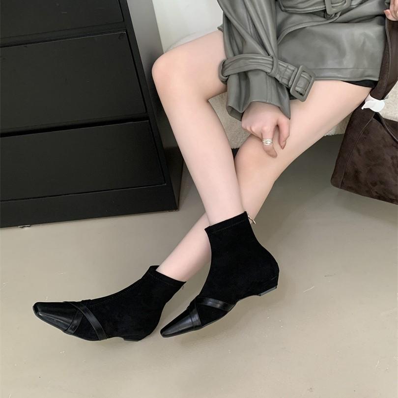 Huge good-looking short boots women's fashion foreign style low-heeled small ankle boots square head elastic thin boots