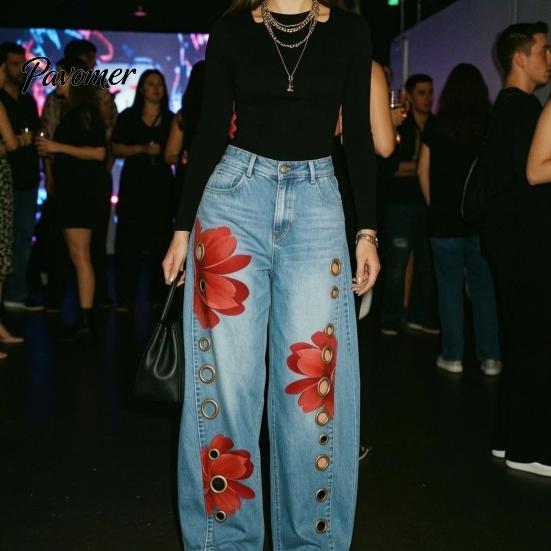 Daily Wear Pants Women High Waisted Wide Leg Jeans, Vintage Floral Print Faux Denim Inspired Trousers, Loose Fit Casual with Pockets & Metal