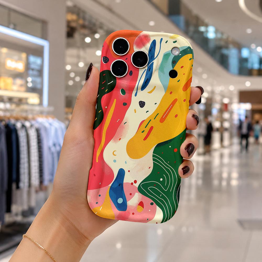 Abstract Color Block Doodle Phone Case For iPhone 17 16 15 14 13 12 11 Pro Max Plus Wavy Edge Protective Cover