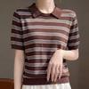 Navava Women Thin Cool Striped Collar Short Sleeve Knit Top Nk3726