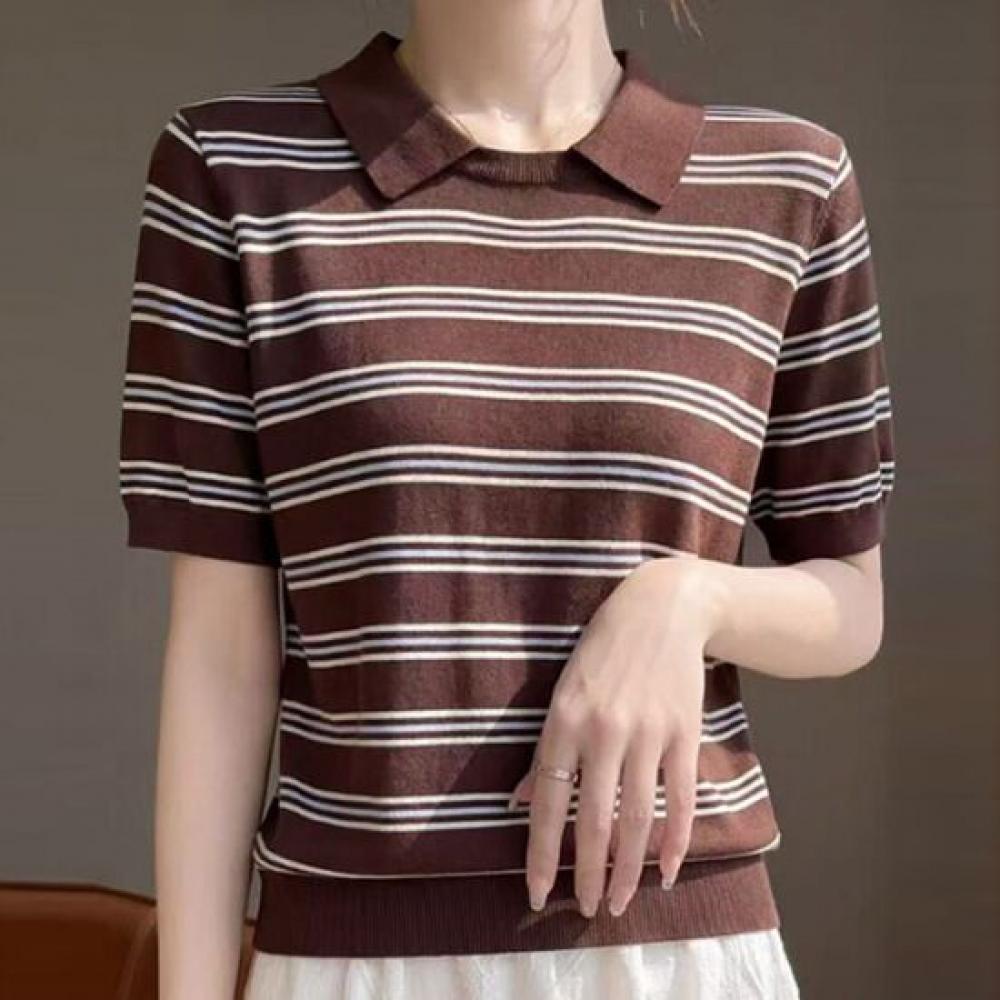 Navava Women Thin Cool Striped Collar Short Sleeve Knit Top Nk3726