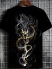 Men's Digital Print Crew Neck T-Shirt, Men's Fashion T-Shirt, Men's Dragon Pattern Premium T-Shirt. Suitable for Restaurant Wear; Black Fabric,