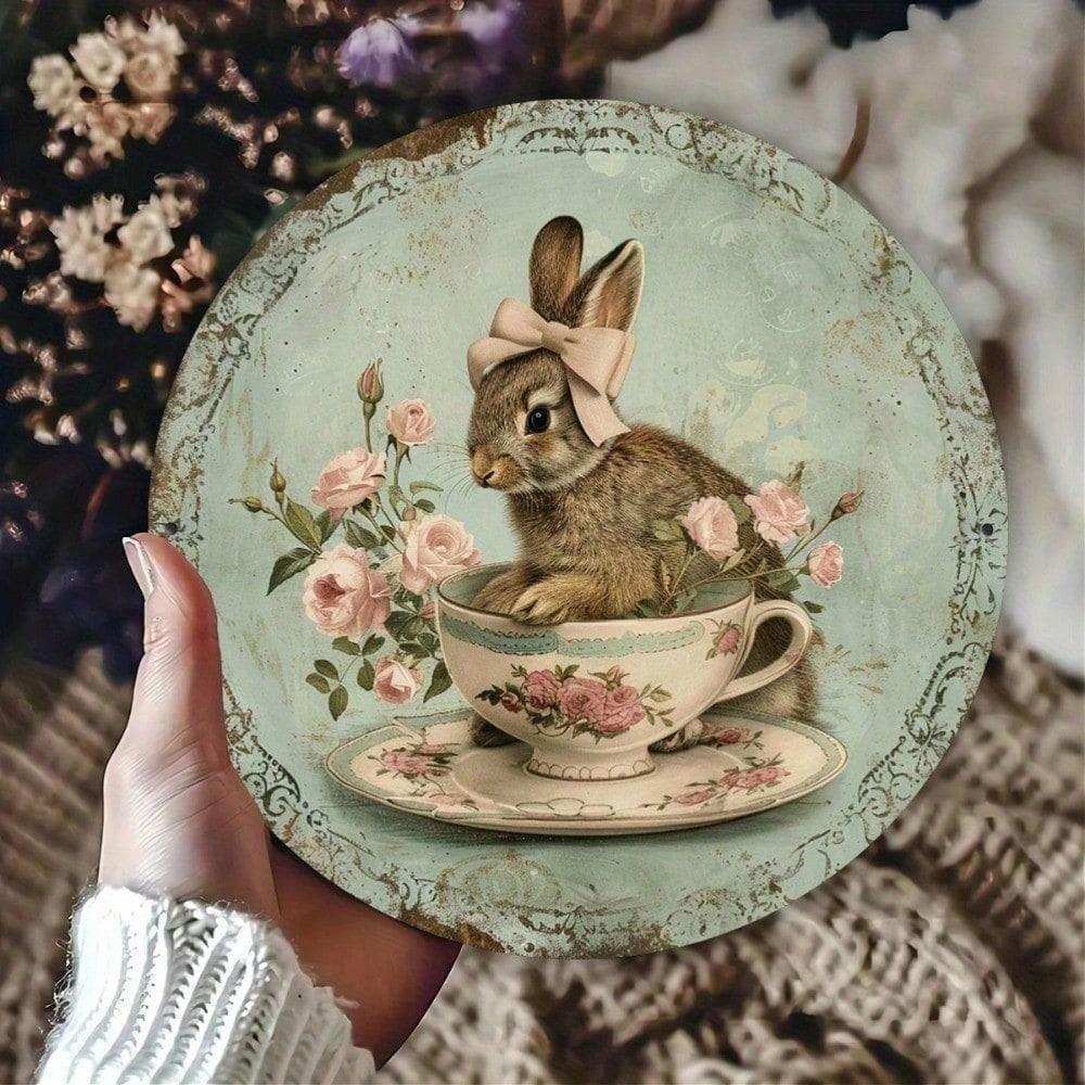 Whimsical Rustproof Aluminum Rabbit Wall Art Sign, Vintage Farmhouse Decor for Indoor Outdoor Relaxation, 8x8 Inch Metal Plaque