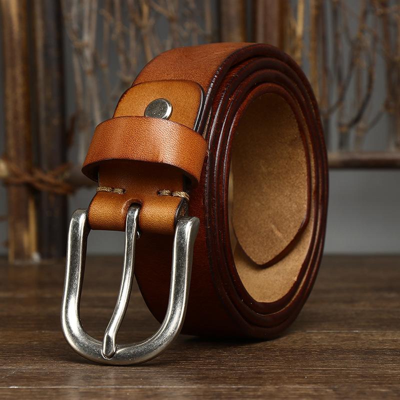 3.7Cm Wide Old Pleated Belt Men'S Genuine Leather First Layer Cowhide Needle Buckle Jeans Belt Trendy