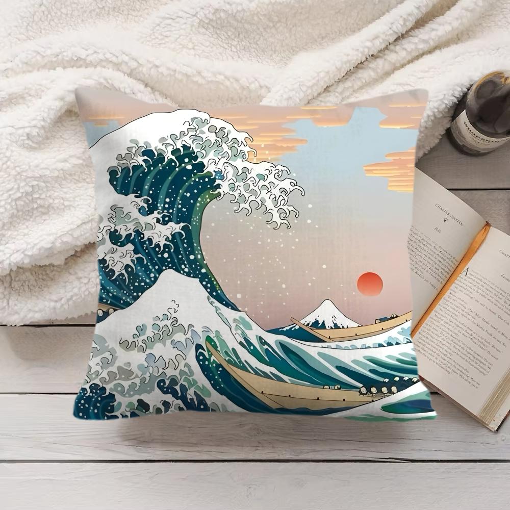 Blue Wave with Cherry Blossom Cushion Cover Silky Short Plush Invisible Zipper Dustproof Sofa Pillow Case for Home Decor