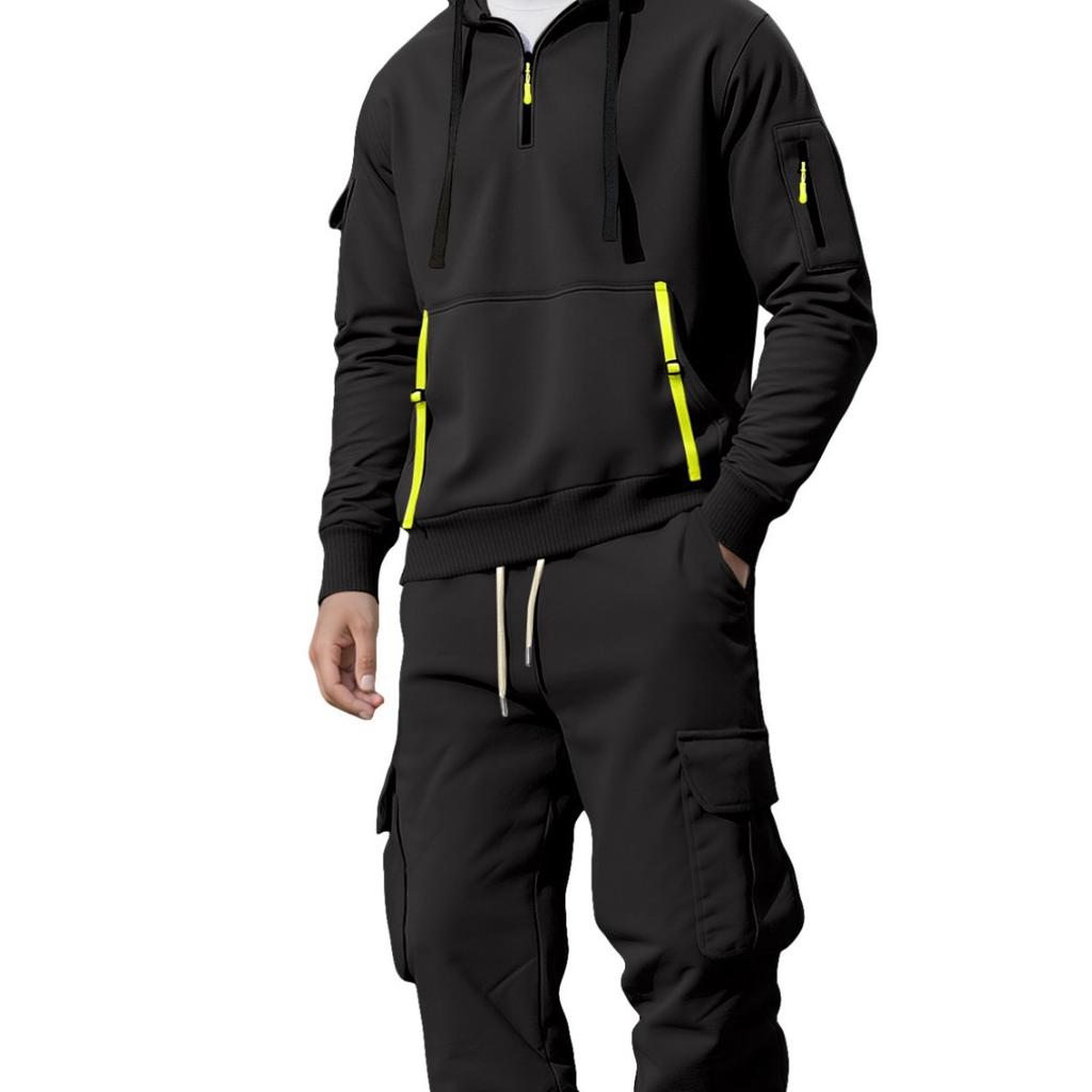 New, Autumn/Winter, Men's, Velvet Hoodie, Fashion, Hoodie, Zipper, Multi Pocket, Work Pants Set