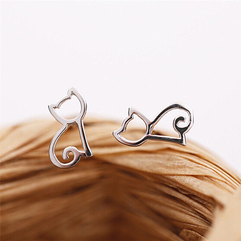 1 Pair Silver Plated Elegant Earrings Lovely Hollow Out Cats Cartoon Earrings