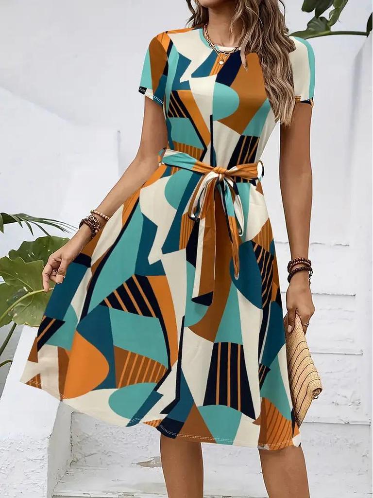 2026 Women's Casual Printed Belted Dress, European & American Summer Bestseller