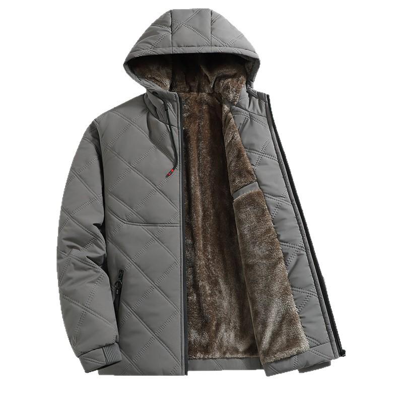 Men's Mid-Length Hooded Winter Coat with Velvet Lining for Middle-Aged and Elderly