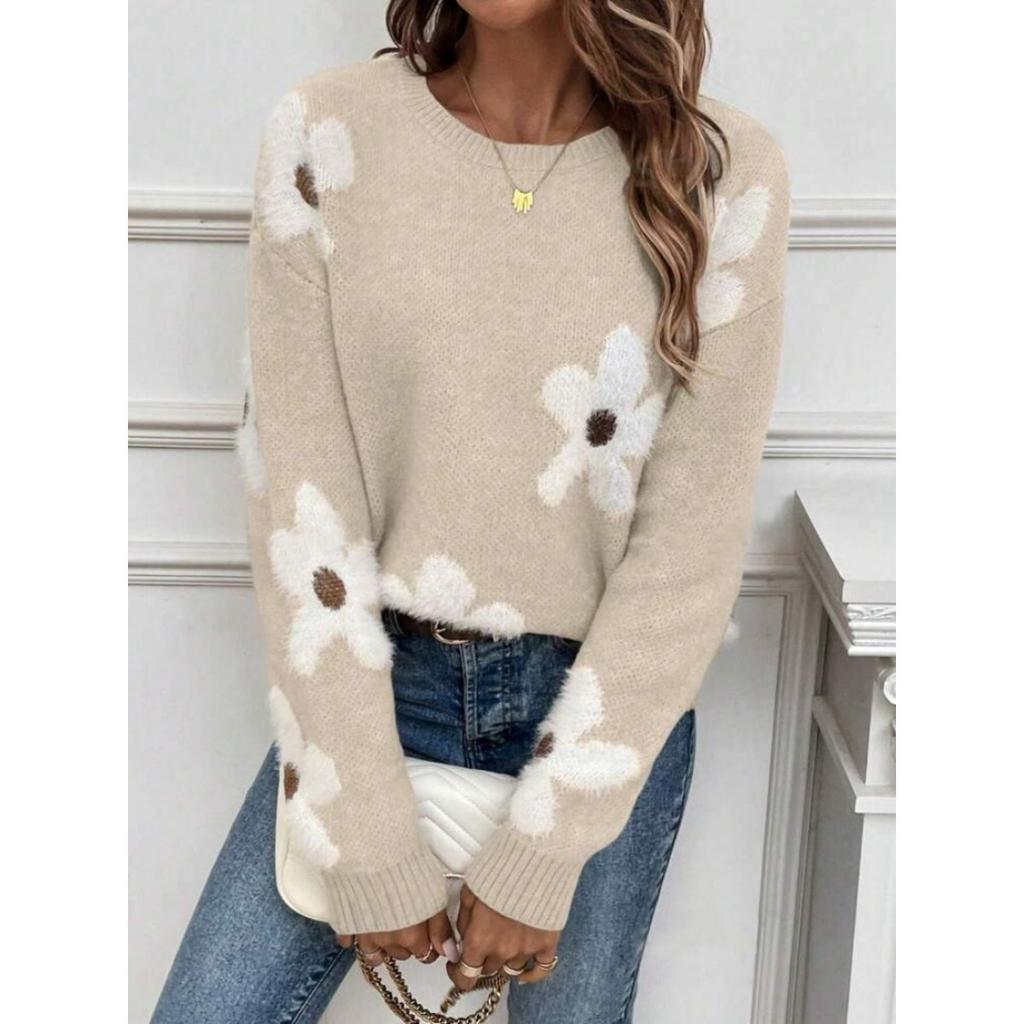 Hooded Round Neck Long Sleeved Sweater with Floral Jacquard Pattern for Autumn Women