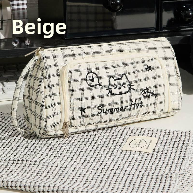 Canvas Cat Pattern Embroidered Large Capacity Pen Case With Stylish Design For Students And Office Use