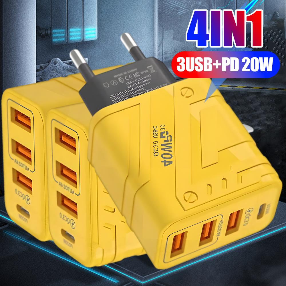 40W 4 Ports Handy-Ladegeräte USB A PD Schnelllade-Handy-Wandladegerät-Adapter für iPhone Samsung Xiaomi EU/US/UK-Stecker