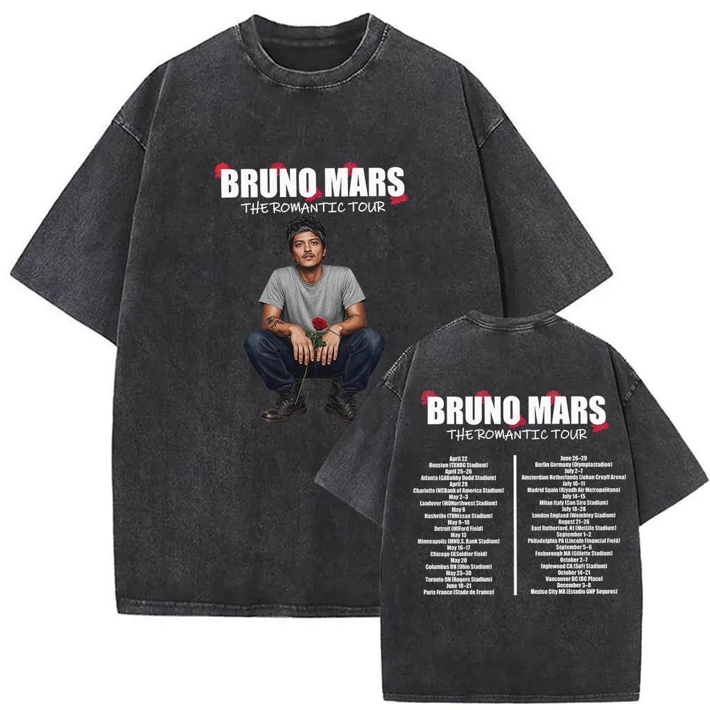 Vintage Washed Rapper Bruno Mars New Album Graphic T Shirts Mens Hip Hop Pop Loose Fashion Short Sleeve Tshirt Streetwear