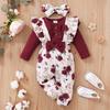 2022 Girls' Long Sleeve Top & Floral Overalls Three-Piece Set - Korean Spring/Autumn Style