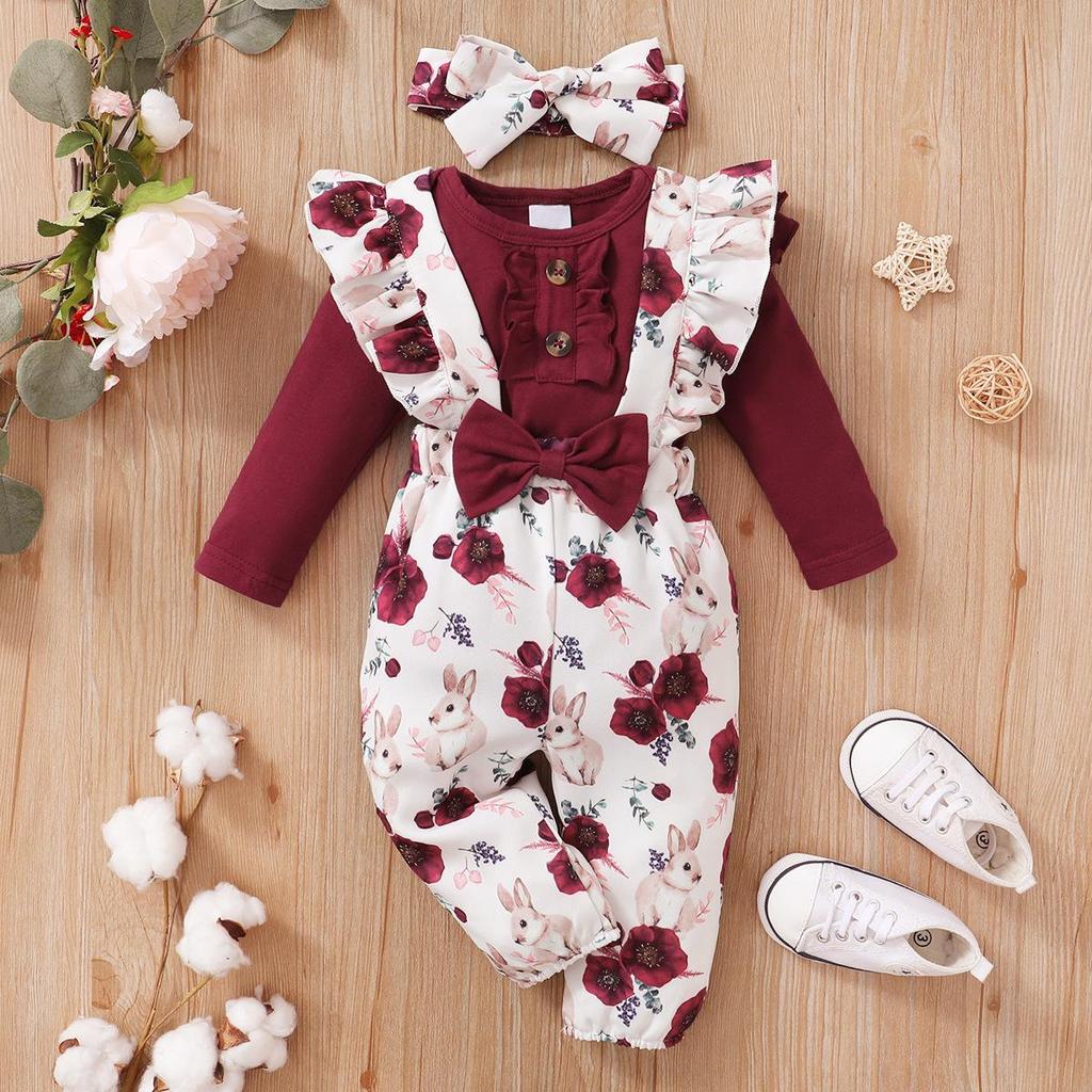 2022 Girls' Long Sleeve Top & Floral Overalls Three-Piece Set - Korean Spring/Autumn Style