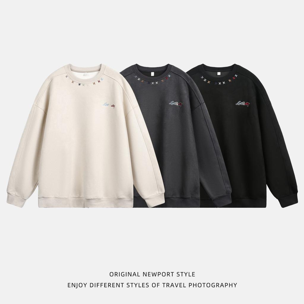 Erkek Renkli Nakışlı Yuvarlak Yaka Bol Uzun Kollu Vintage Günlük Kazak Sweatshirt
