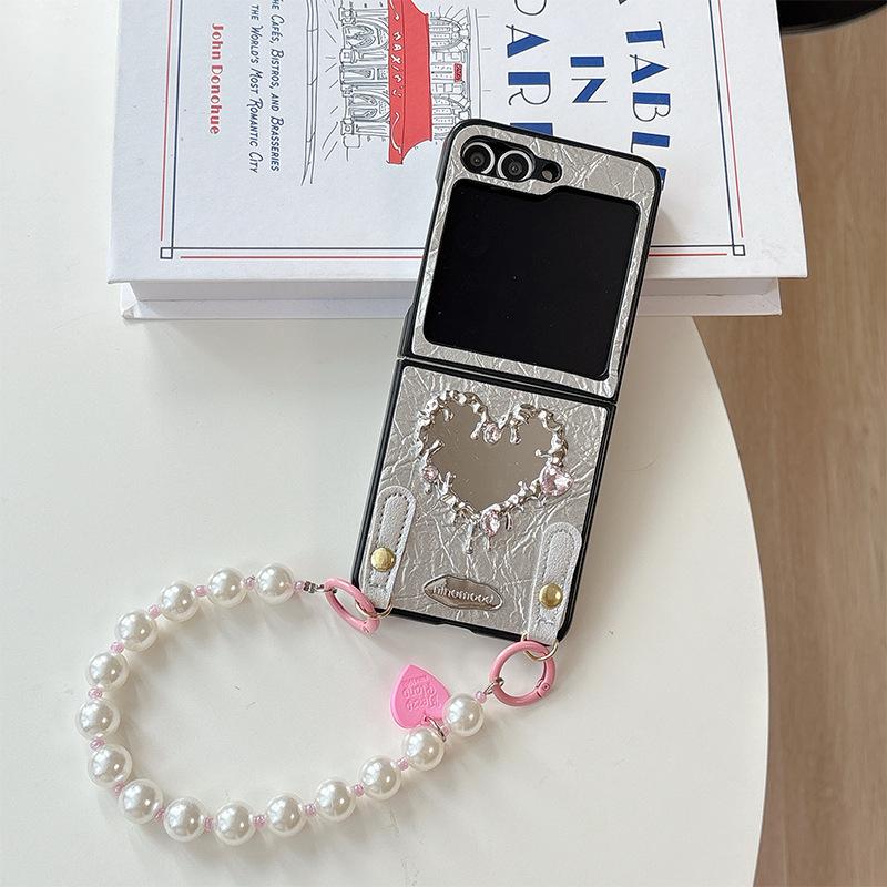 

Applicable Samsung Zflip6 Folding Screen Flip Fold7 Bracelet Huawei Pocket2 Leather Love Mirror Mobile Phone Case samsung zflip3