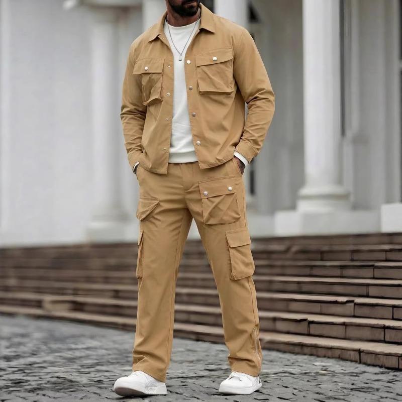 Mens 2 Piece Outfit Button Down Cargo Jacket And Cargo Pants Set