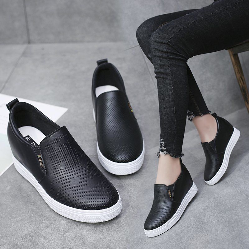 Inner heightening women's shoes leather surface white shoes women's spring and summer new Korean version of slope heel platform casual shoes one peda
