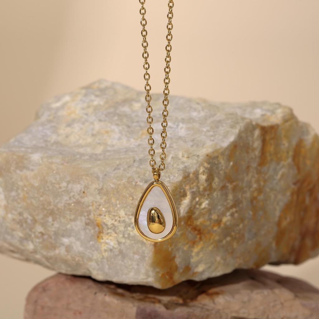 Gold-Plated Clavicle Necklace with Milky White Faux Shell Avocado Design