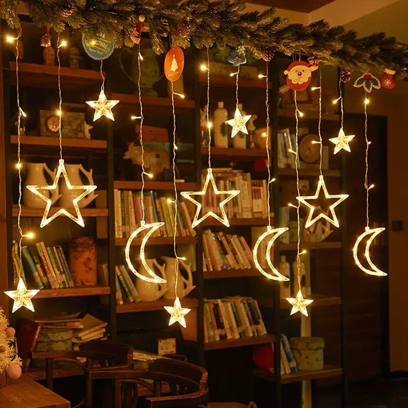 Colorful LED Solar Star and Moon String Lights for Festive Decor Plug-in Type