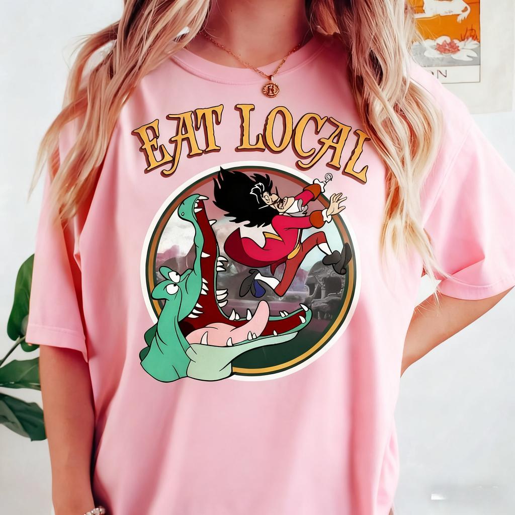 Vintage Trendy Casual Clock Crocodile Captain Hook Eat Local Food Shirt Peter Pan TShirt All Season Cotton Streetwear