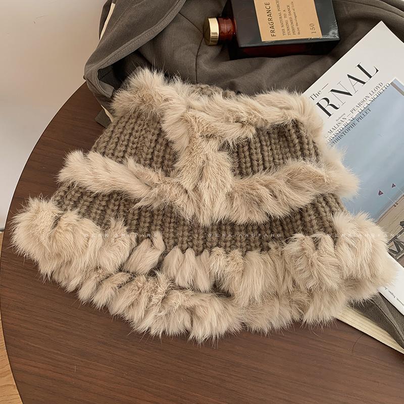 Rabbit fur hat women's autumn and winter thickened knitted hat cute face bucket hat warm wool hat plush lion hat