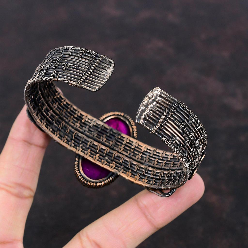 Purple Fire Labradorite Cuff Bracelet Copper Wire Wrapped Gemstone Bangle Moonstone Bangle Adjustable Cuff Bracelet Handmade Copper Jewelry
