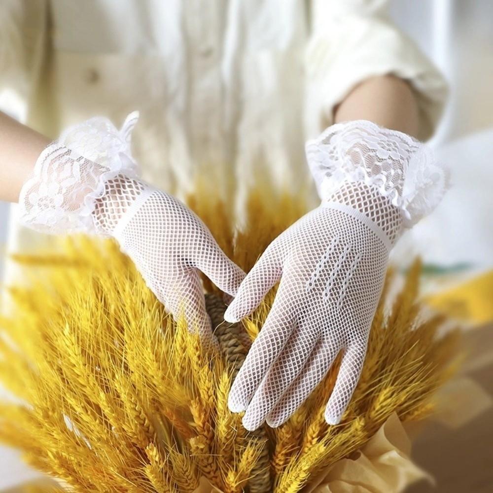 Soft Ruffle Lace Mittens Full Finger Thin Fishnet Mesh Gloves Mesh Hollow Out Lolita Lace Gloves