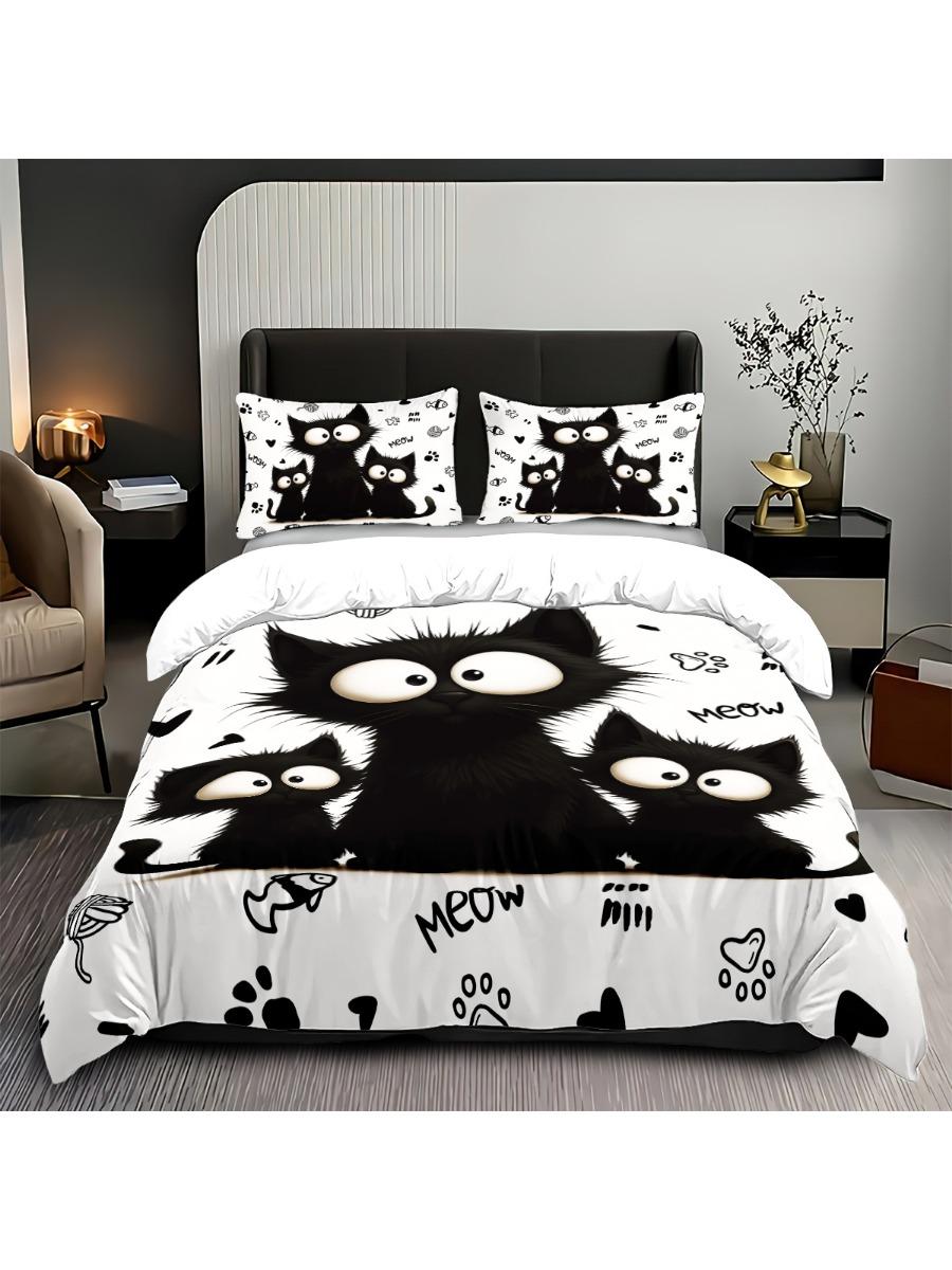 

Комплект постельного белья с принтом черного кота из 3 предметов, без наполнителя, мягкий и удобный, разных размеров, можно стирать в машине: 1 пододеяльник + 2 наволочки 135x200cm-EU-Single&set