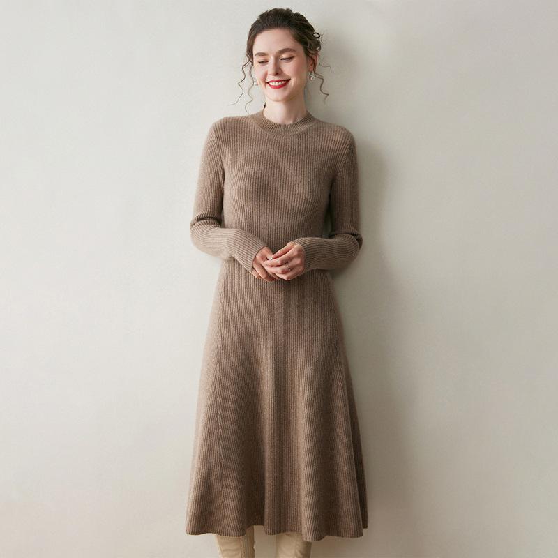 

Women s Cashmere Ribbed Midi Dress - Autumn/Winter Solid Color, Slimming Over-Knee Wool Sweater. Extra Large