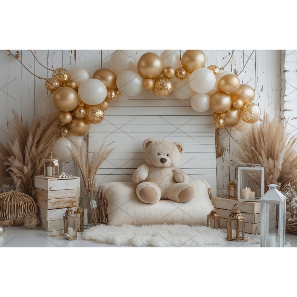 Boho Pampas Teddy Bear Photography Background Balloons Arch Tent Decor Cake Smash Baby 1st Birthday Indoor Photocall Backdrops
