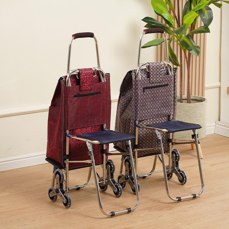 Compact Folding Stair-Climbing Trolley with Seat, Stainless Steel Rod, Outdoor Grocery Cart
