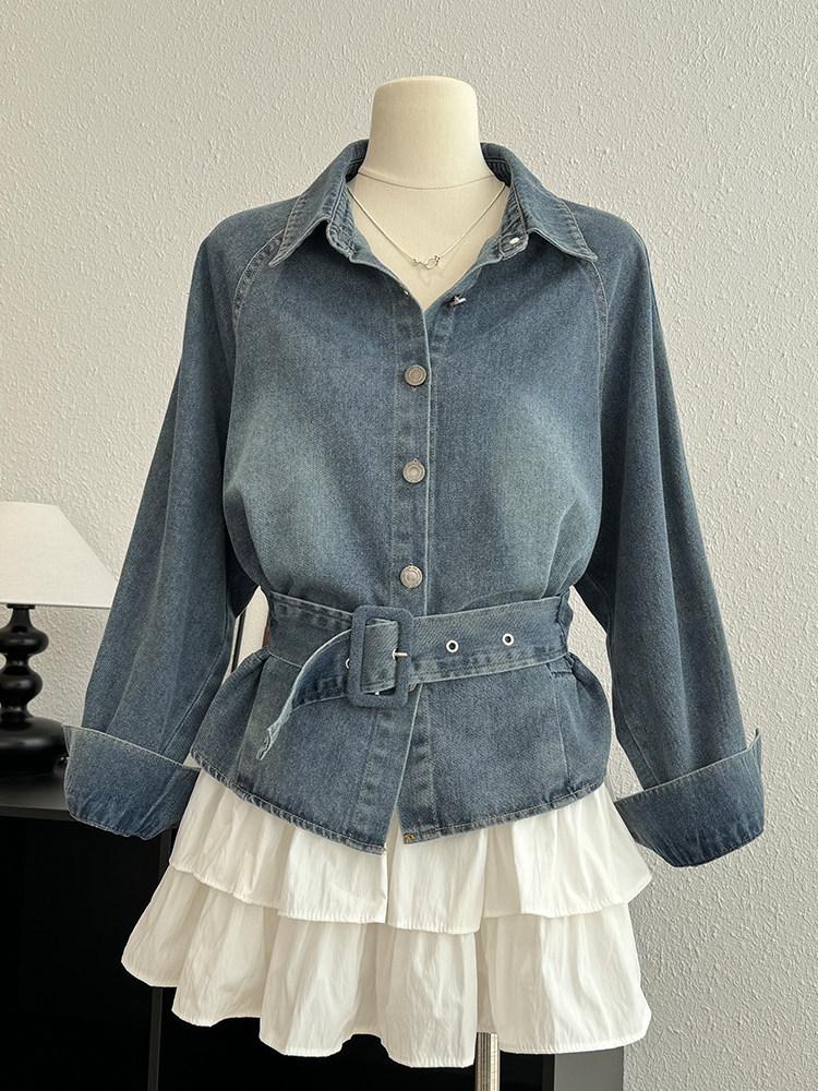Women's Retro Denim Jacket: Lace-Up Waist, Collar, Long Sleeves, Short Loose Fit, Spring Style.